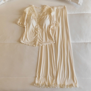 带胸垫睡衣女夏季莫代尔棉短袖三两件套薄款性感蕾丝高级感家居服