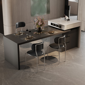 意式现代纯黑岩板岛台餐桌一体小户型家用多功能可伸缩厨房中岛台