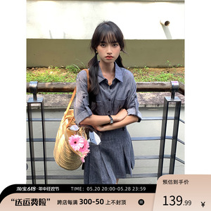 JFTO◆西西里少女 复古牛仔衬衫上衣女夏设计感小众百褶半裙套装