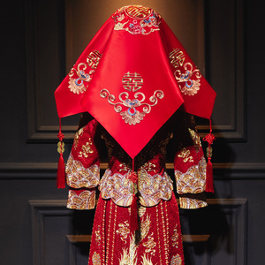红盖头新娘结婚头纱中式秀禾服高级复古缎面流苏2023刺绣喜帕盖头