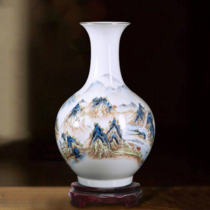 景德镇陶瓷花瓶客厅插花摆件薄胎千里江山图瓷瓶客厅博古架装饰品