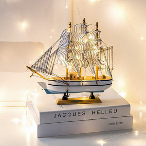 木质一帆风顺帆船模型办公室客厅工艺品地中海风装饰创意摆件