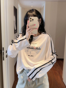 大码韩国女装夏季新款胖mm侧织带立体蝴蝶结卡通兔子印花长袖T恤