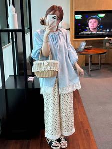 大码韩国女装夏季款胖mm夏威夷蓝椰奶白两色拼蕾丝7分袖宽松衬衫