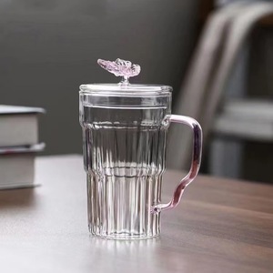 加厚蝴蝶杯高硼硅玻璃带把手耐热茶杯可加热泡菊花精致办公室杯子