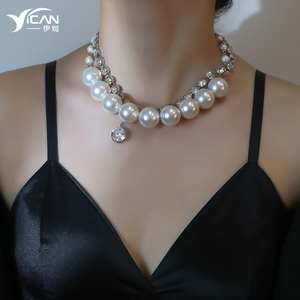 时髦水钻夸张项链女2023年新款锆石珍珠锁骨链小众设计感欧美颈链