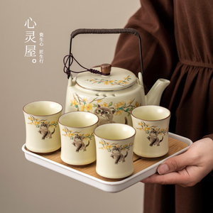 米黄汝窑萌猫2024新款功夫茶具套装家用陶瓷轻奢高档中式茶壶茶杯