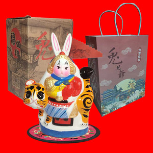 北京兔爷兔儿爷城京特色工艺品骑黄虎兔爷泥人礼品雕塑品礼盒