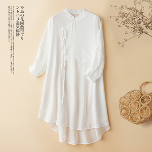 白色苎麻连衣裙女高端日系森女系棉麻衬衫裙中式立领亚麻禅意茶服