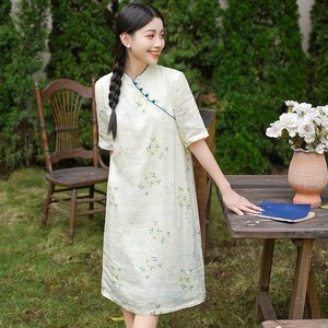 2023新款棉麻女士苎麻夏季连衣裙子新中式中国风改良旗袍年轻高端