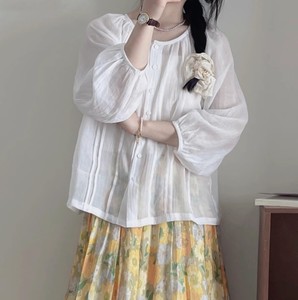文艺森系女装2024夏季新款高支苎麻上衣女白色衬衣圆领七分袖衬衫