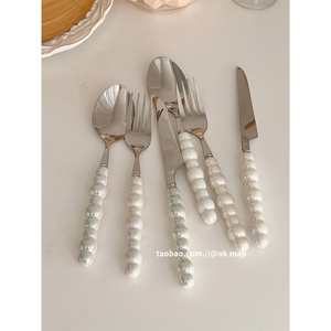 ok maji韩国ins陶瓷珍珠柄不锈钢刀叉勺餐具家用牛排意面甜品勺子