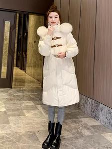 2023冬季新款中长款显瘦白色棉服女设计感小众时尚大毛领棉衣外套