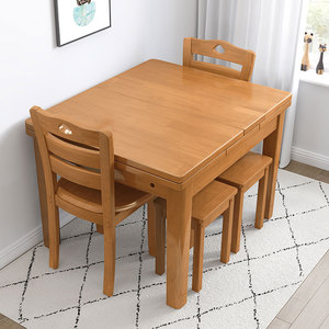 全实木餐桌小户型家用吃饭桌可伸缩折叠桌子4人6人简约长方形饭桌