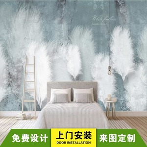 3d立体主卧室床头壁布简约羽毛电视背景墙壁纸客厅沙发影视机壁画