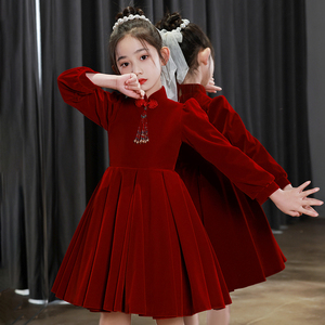女童红色晚礼服花童小女孩公主裙秋冬季儿童主持人钢琴演奏演出服