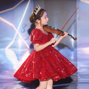红色礼服女童高端花童公主裙儿童主持人小提琴女孩钢琴演奏演出服