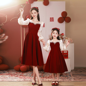 红色亲子装母女款晚礼服女童高端公主裙儿童生日花童小女孩连衣裙