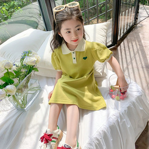女童翻领连衣裙夏季女孩洋气纯色POLO裙子新款韩版A字裙时髦