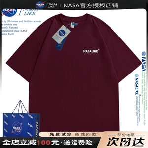 NASA酒红色重磅短袖t恤男夏季美式复古潮牌ins百搭青少年半袖体恤
