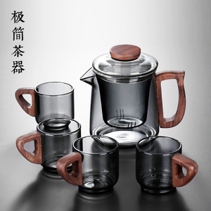耐热玻璃泡茶壶茶水分离泡茶杯家用功夫茶具三件杯木把过滤茶杯子