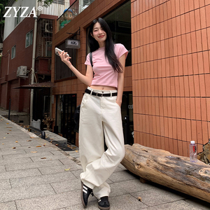 ZYZA白色牛仔裤女高端黑洞镰刀型裤子2024夏季新款遮肉显瘦阔腿裤