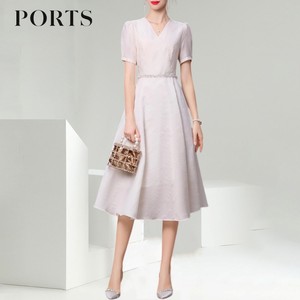 PORTS宝姿梨型身材a字连衣裙优雅气质夏季白色珍珠显瘦长裙子
