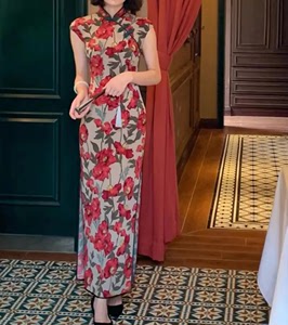 新中式国风红色玫瑰印花长裙绝美女神范改良旗袍碎花连衣裙女夏装