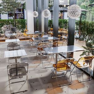 工业风咖啡奶茶店不锈钢圆桌网红甜品小吃桌椅组合透明折叠椅商用