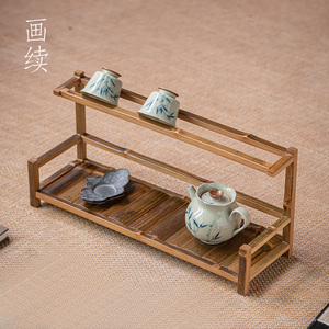 画续茶杯架新中式复古茶具收纳架家用晾杯架竹制茶壶展示架博古架