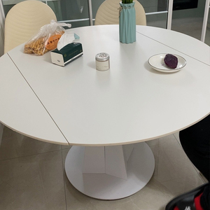 奶油风伸缩圆形餐桌家用多功能变形旋转岩板餐桌方圆两用可变圆桌