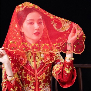 新娘红盖头出嫁结婚2024中式婚礼半透明纱头纱秀禾服蒙头红色头巾