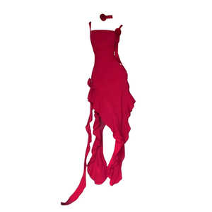 设计感【西西里2.0】春夏辣妹不规则雪纺红玫瑰荷叶边吊带长裙子