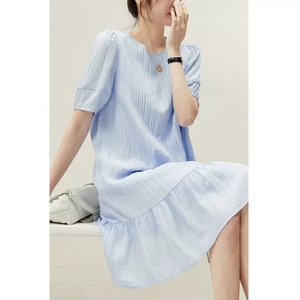 夏季韩版抽褶短袖宽松腰圆领纯色中长款简洁减龄气质桑蚕丝连衣裙