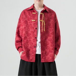 中国风提花红色长袖衬衫男春秋季小众设计感盘扣改良唐装大码外套