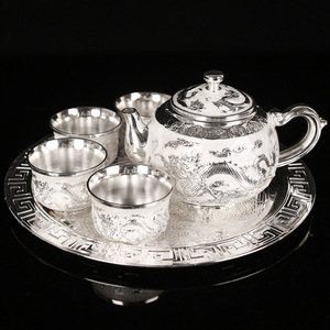 龙凤银色茶具套装轻奢宫廷风酒具1盘1壶4杯中式皮盒茶壶送礼品