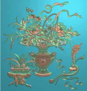菊花牡丹花瓶花篮兰花盆栽如意花板门板348x370精雕图灰度图浮雕