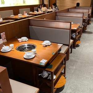 无烟烧烤店桌椅组合长方形实木火锅桌子电磁炉一体餐馆用