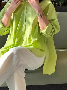 荧光绿亮色长袖衬衫女春夏宽松廓形设计感中长款气质防嗮百搭上衣