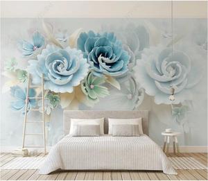 现代简约3d立体浮雕花朵蓝色清新电视背景墙卧室床头花卉墙纸壁画