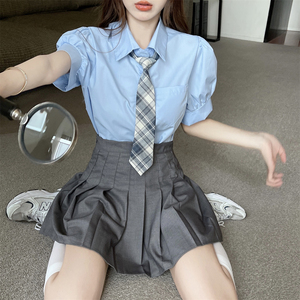 韩系学院风浅蓝色短袖衬衫女日系jk领带制服时尚套装泡泡袖衬衣夏