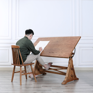美式实木绘画桌可调节升降桌设计师工作台美术画桌写字书桌绘图桌