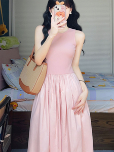 温柔风粉色茶歇法式收腰长裙夏季气质高级感超好看无袖背心连衣裙