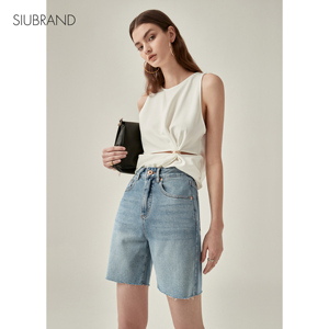siubrand美式牛仔五分短裤女夏季薄款高腰显瘦宽松休闲毛边中裤潮