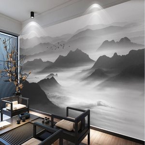 热转印新中式黑白山水电视背景墙壁纸现代水墨云雾壁画酒店客厅影