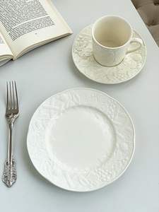 波西塔塔外贸出口法式中古精致浮雕陶瓷咖啡杯碟西餐平盘点心菜盘