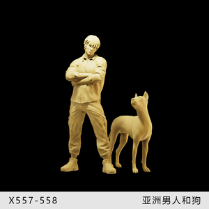 【养狗人】亚洲男孩和杜宾犬1/64车模小人偶模型手办1:43微缩白模