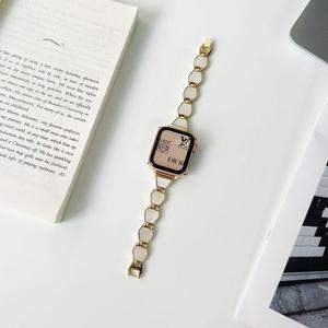 适用iwatch7SE苹果手表带新款高级贝壳母小众金属链条女六边形apple watch65432代SE腕细小个子42/38/44/45mm