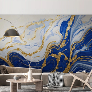 北欧抽象大理石纹理墙纸轻奢蓝色鎏金壁布客厅沙发电视背景墙壁纸