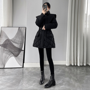 黑色立领菱形格羽绒棉服女2023冬季新款韩版设计感中长款加厚外套